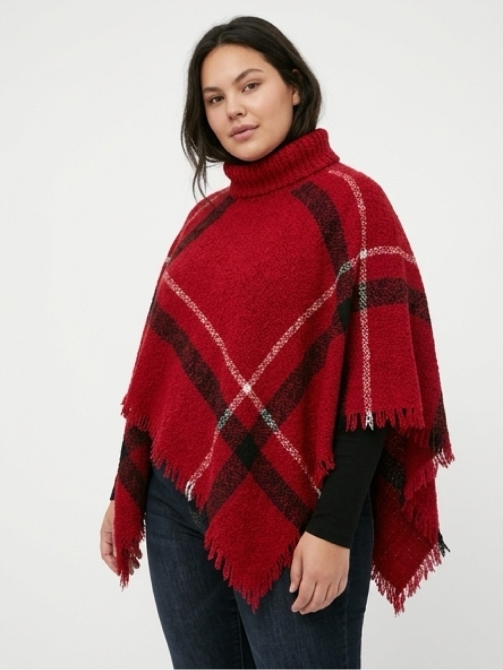 Red Plaid Fringe Sweater Poncho - Women